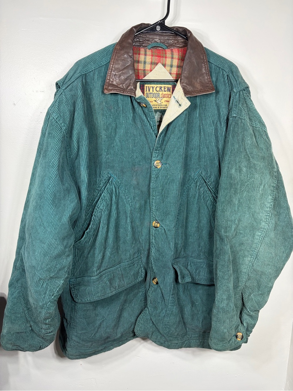 Vintage Ivy Crew Corduroy‎ Barn Jacket Leather Collar Flannel Lined XL Green